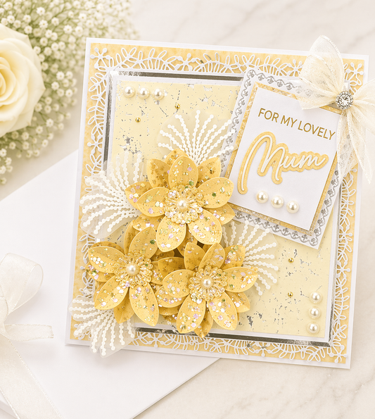 Luxury 3D Handmade Boxed Card | Gold Glitter Daisies White Lace | For My Lovely | Mum Daughter Sister | Any Relation | 8x8