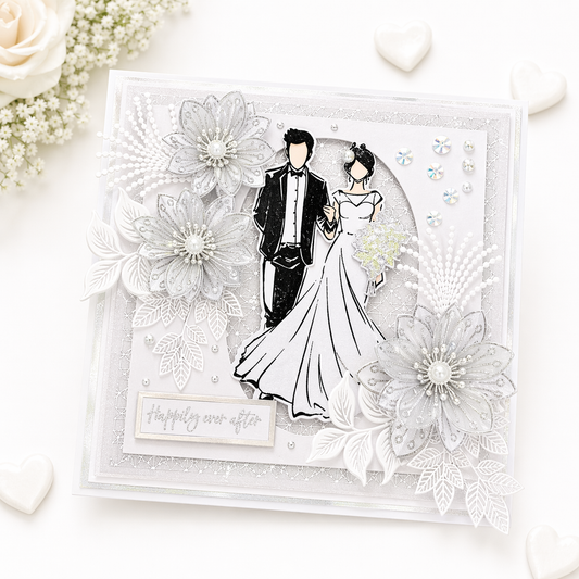 Luxury 3D Handmade Boxed Wedding Day Card | Bride & Groom Happily Ever After | Iridescent Flowers | 8x8