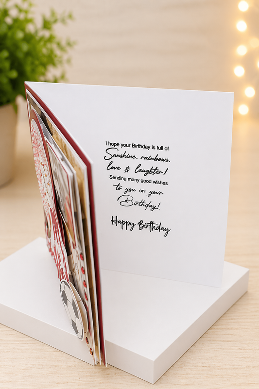 Personalised 3D Luxury Boxed Birthday Card | Football Shirt Red Glitter Stars Photo Pocket | Any Relation | Handmade 8x8