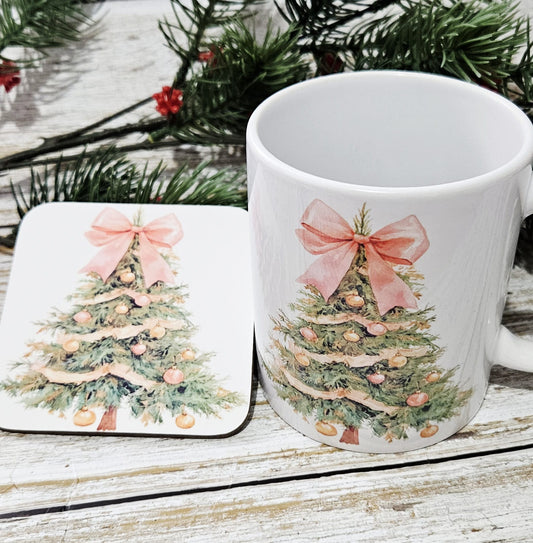 Personalised Beautiful Christmas Tree Mug and Coaster Set