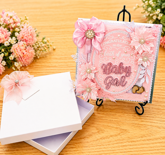 Luxury 3D Handmade Boxed New Baby Girl Card | Pink Satin Bow Poinsettias | Congratulations | 8x8