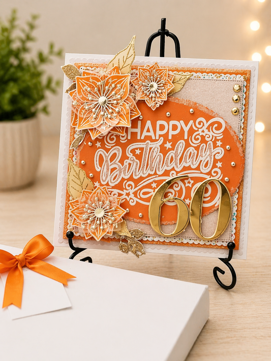 Personalised 3D Luxury Boxed Birthday Card | Orange Gold Poinsettias Mirror 60 | Any Age Any Relation | Handmade 8x8