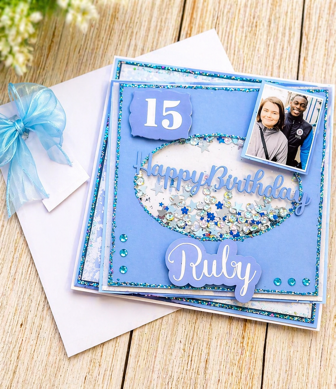 Personalised 3D Luxury Shaker Birthday Card | Photo & Name | Blue Glitter Stars Sequins | Any Relation & Age | 8x8