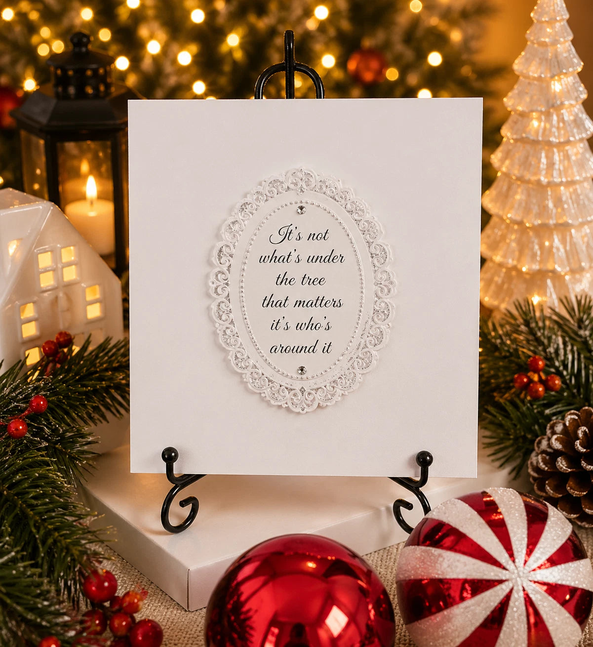 Personalised 3D Luxury Boxed Christmas Card | Silver Baubles Pine Branches | Any Recipient | Handmade 8x8