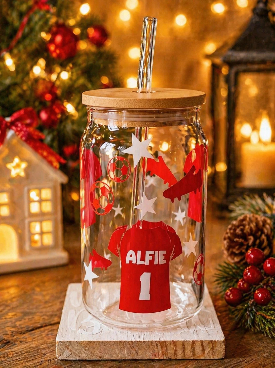 Personalised Football 16oz Glass Tumbler | Name & Number on Shirt | Bamboo Lid & Glass Straw