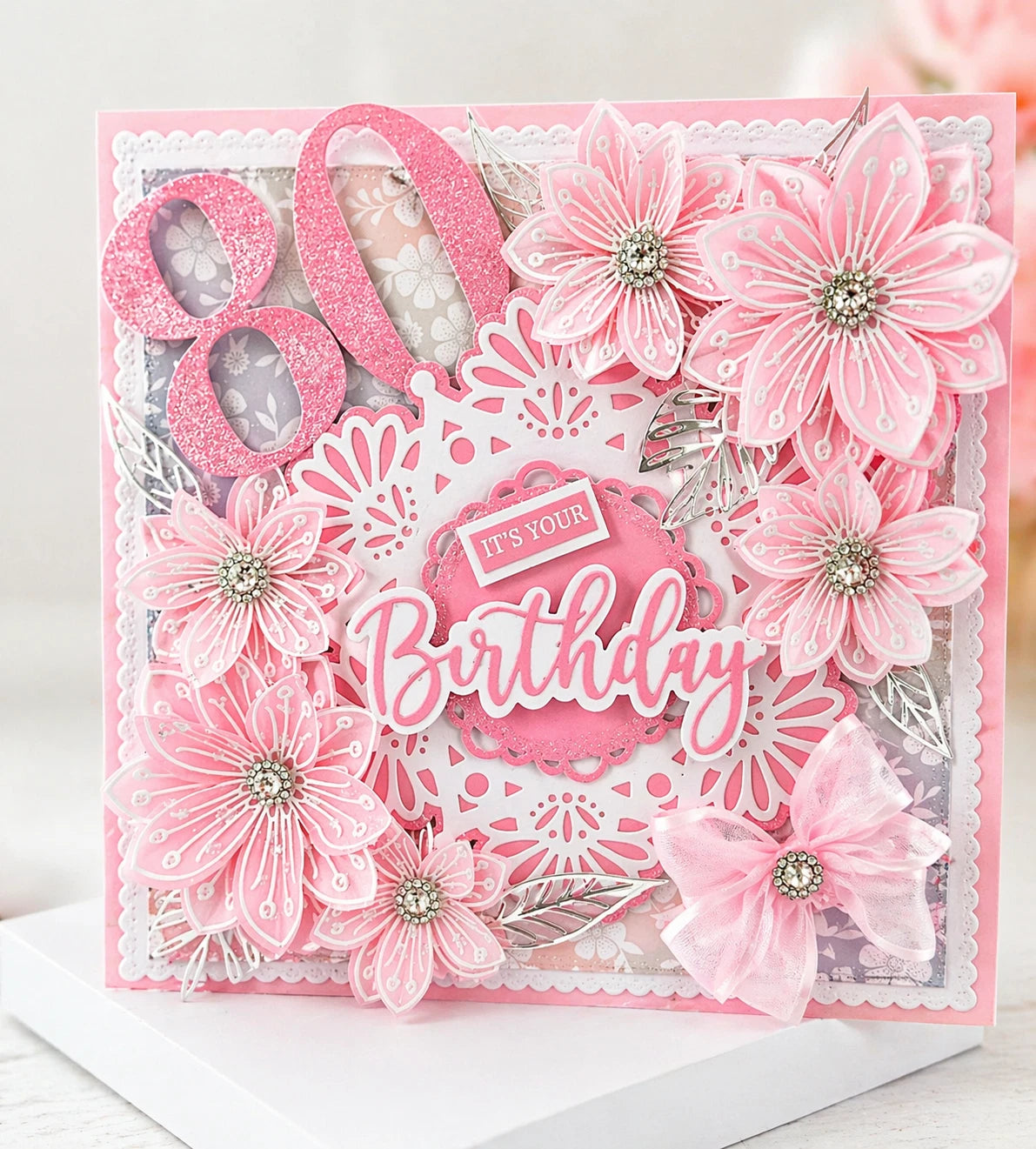 Luxury 3D Handmade Boxed Birthday Card | Pink Floral Blooms Silver Leaves | It's Your Birthday | Any Age | 8x8