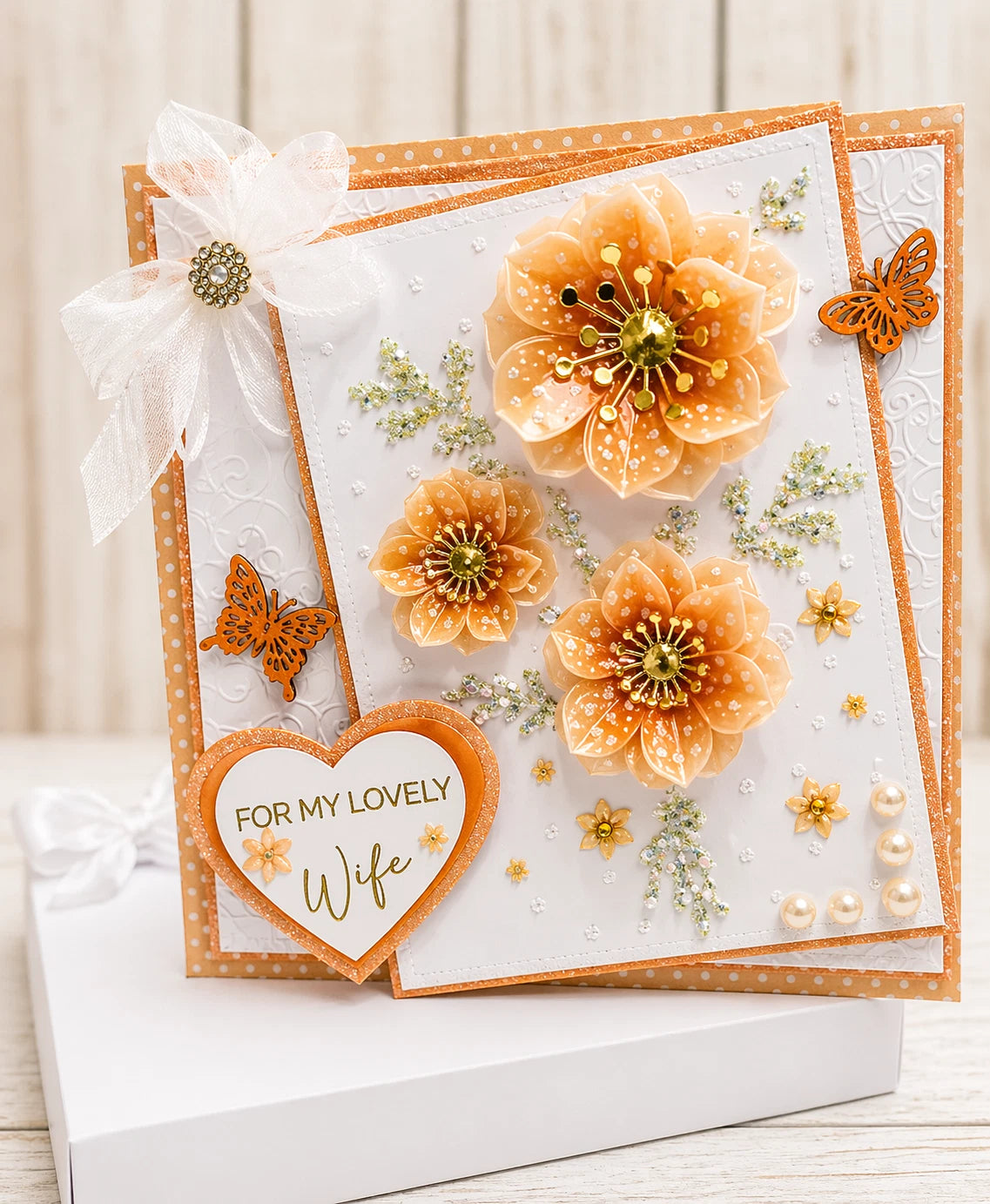 Luxury 3D Handmade Boxed Birthday Card | Amber Vellum Dahlia Blooms For My Lovely | Wife Mum Girlfriend Sister | Any Relation | 8x8