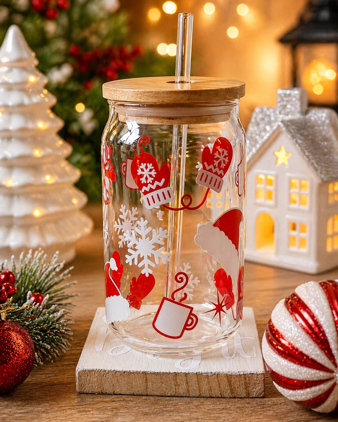 Christmas Glass Tumbler 16oz | Santa Hats Mittens Snowflakes | Bamboo Lid & Glass Straw