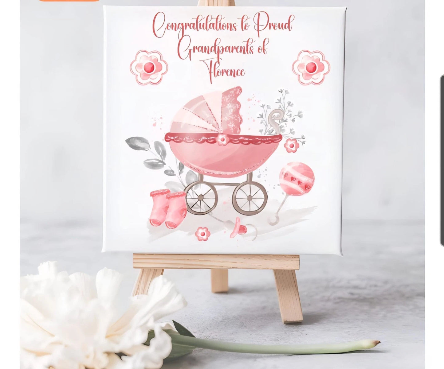 Personalised New Baby Girl Congratulations Card | Mini Canvas Easel | Proud Grandparents | Pink Pram | 6x6