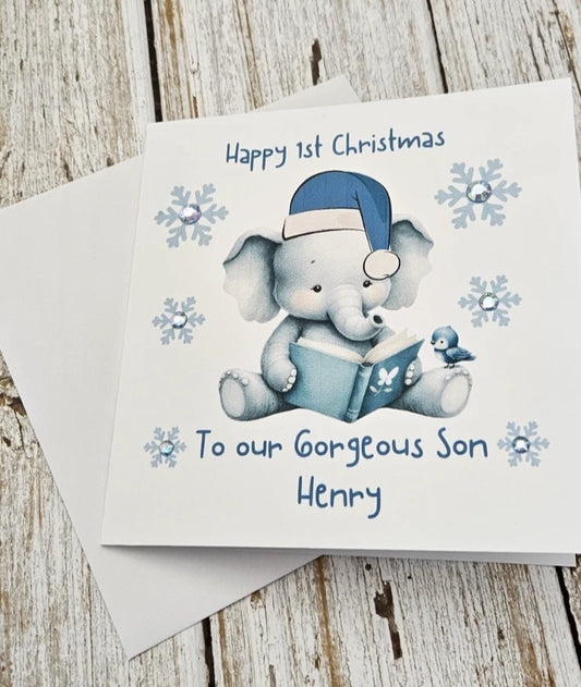 Personalised Happy 1st Christmas Card | Baby Elephant Reading | Son Grandson Nephew | Any Relation | 6x6