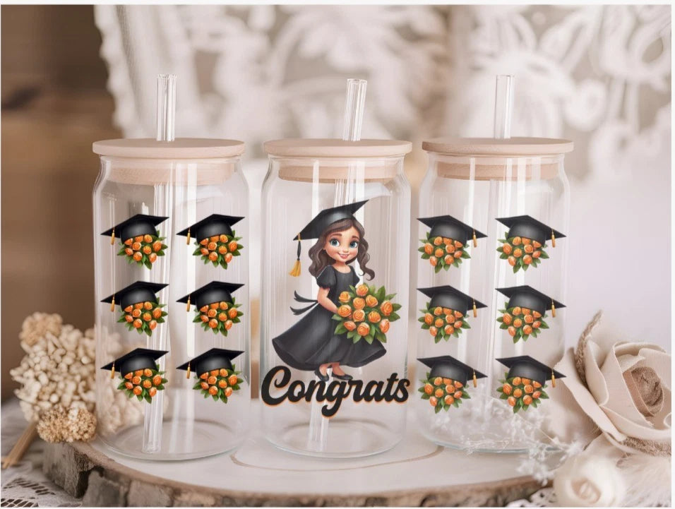 Happy Graduation 16oz Glass Libby can with lid and straw