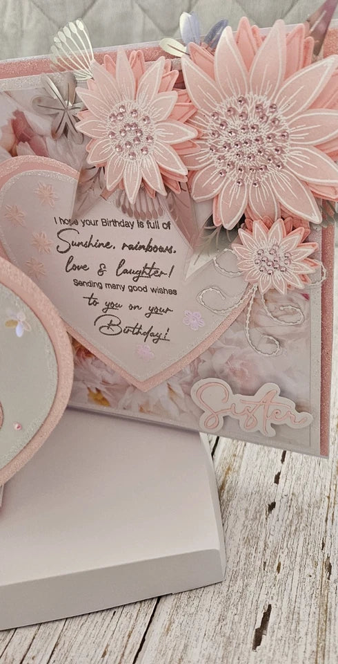 Personalised 3D Luxury Gatefold Birthday Card | Pink Heart Sunflowers Photo Pocket | Daughter Sister | Any Relation & Age | 8x8
