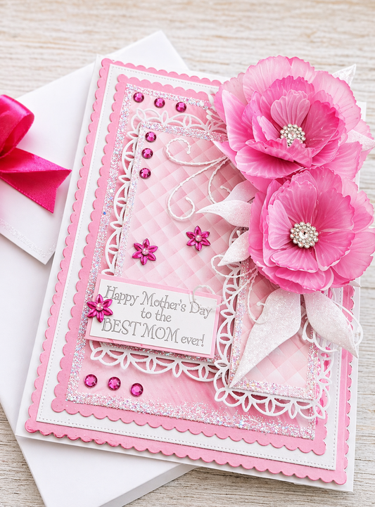 Gorgeous Luxury Boxed 6x8 Mother's Day Card Handmade With Peony Flowers.