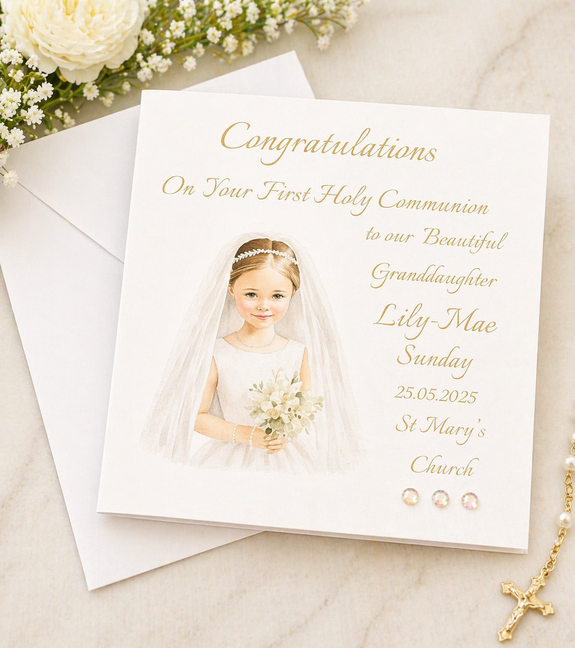 Personalised First Holy Communion Card | Girl Watercolour | Name Date Church & Relation | 6x6