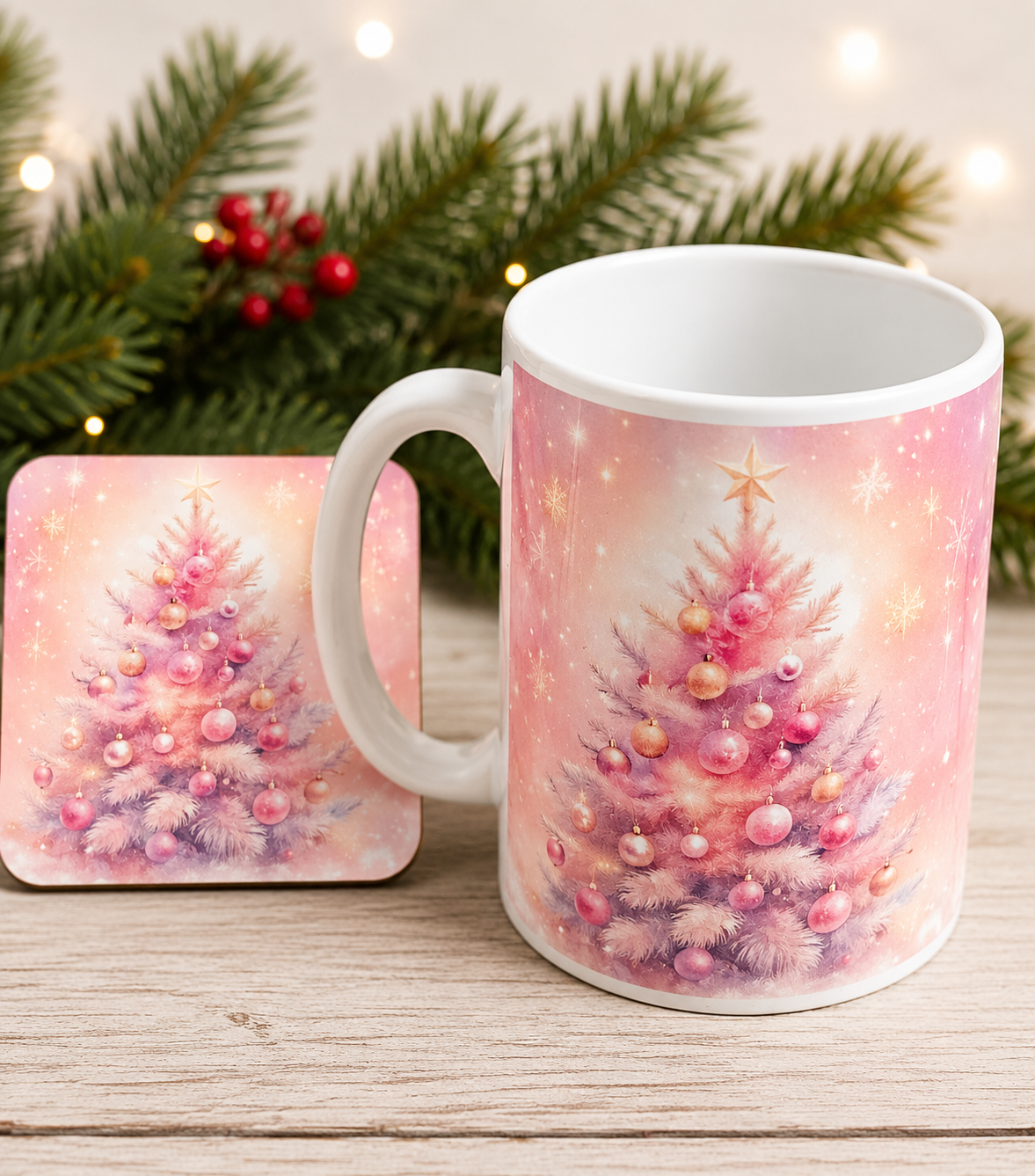 🎄 Personalised Christmas Tree Mug & Coaster Set
