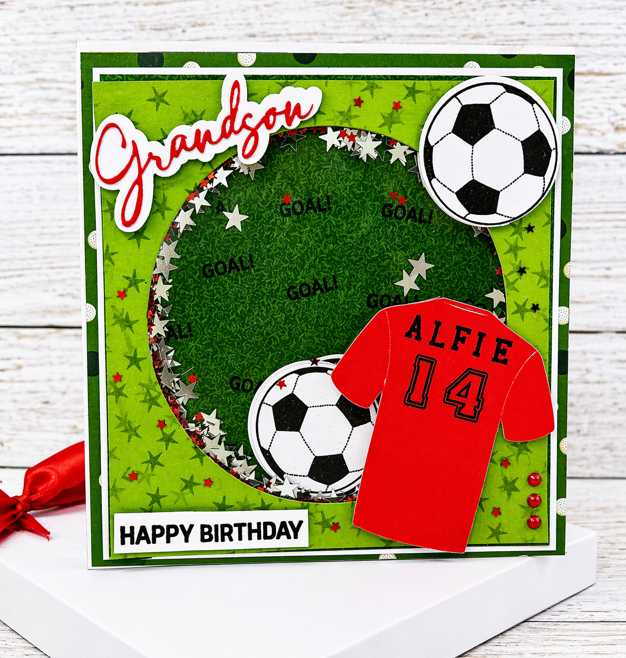 Personalised 3D Luxury Shaker Boxed Birthday Card | Football Shirt Name & Number | GOAL Confetti Stars | Grandson Son Nephew | 8x8