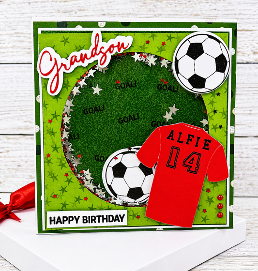 Personalised 3D Luxury Shaker Boxed Birthday Card | Football Shirt Name & Number | GOAL Confetti Stars | Grandson Son Nephew | 8x8