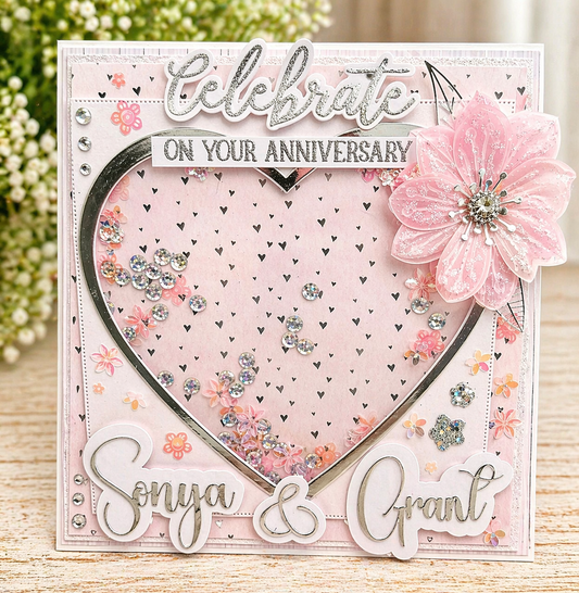 Handmade luxury personalised 3d Anniversary shaker card with sequins
