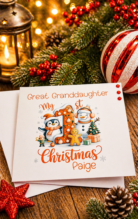 Personalised Great Granddaughter My 1st Christmas Card | Penguin Snowman Gingerbread | Name | 6x6