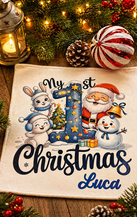 Personalised Baby Boy's First Christmas Burp Cloth | Bunny Santa Snowman | Name | 11.5x11.5"