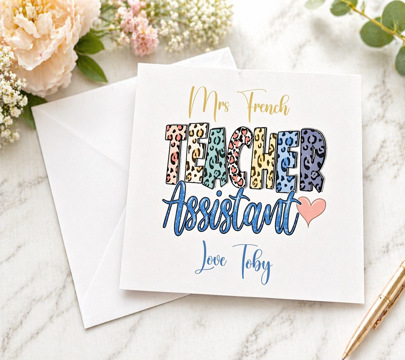 Personalised Teacher Assistant Card | Pastel Leopard Print Letters | TA Name & Child's Name | 6x6