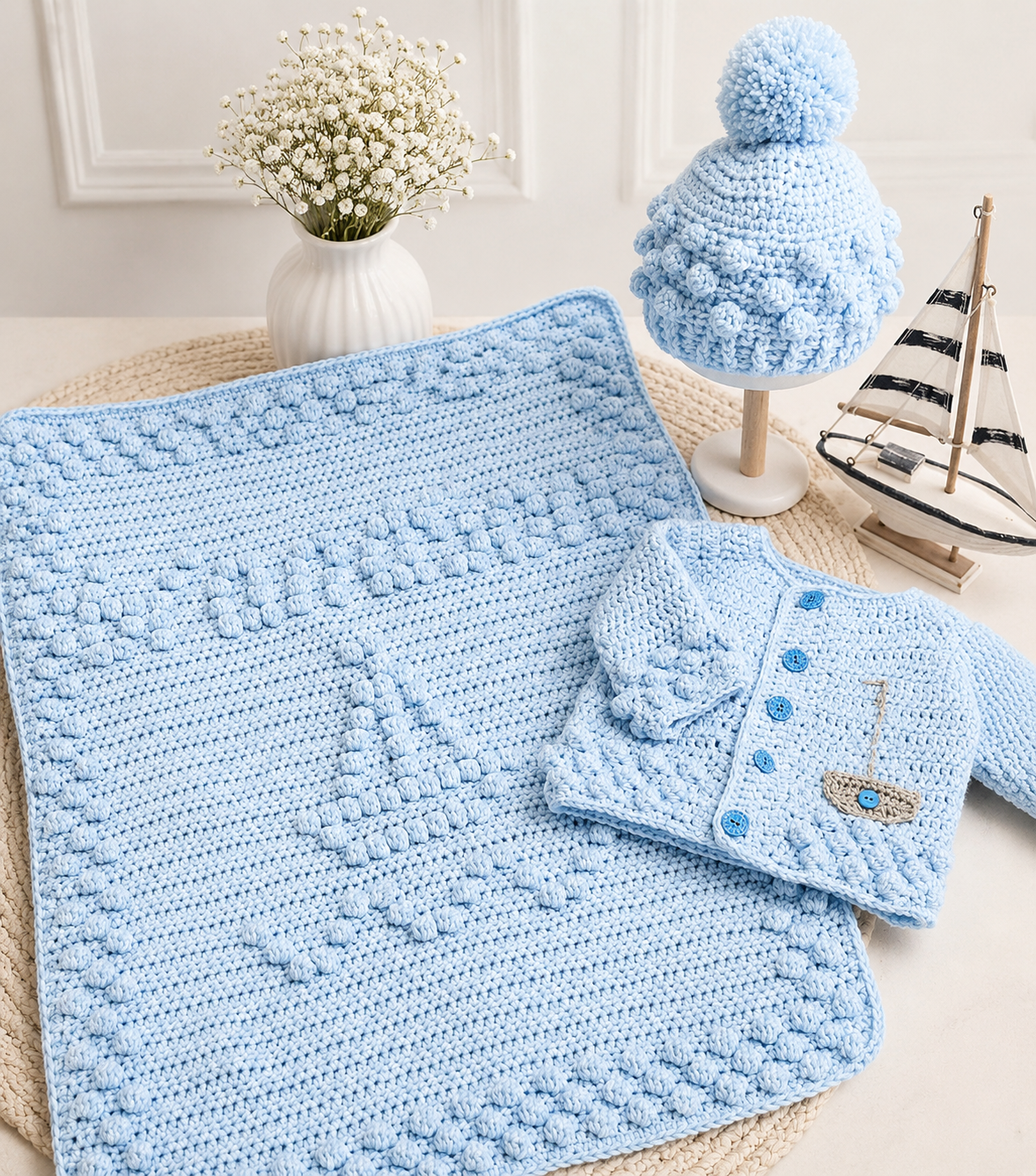 Gorgeous "Ship Ahoy" Bobble Baby Blanket with Matching Jacket and hat