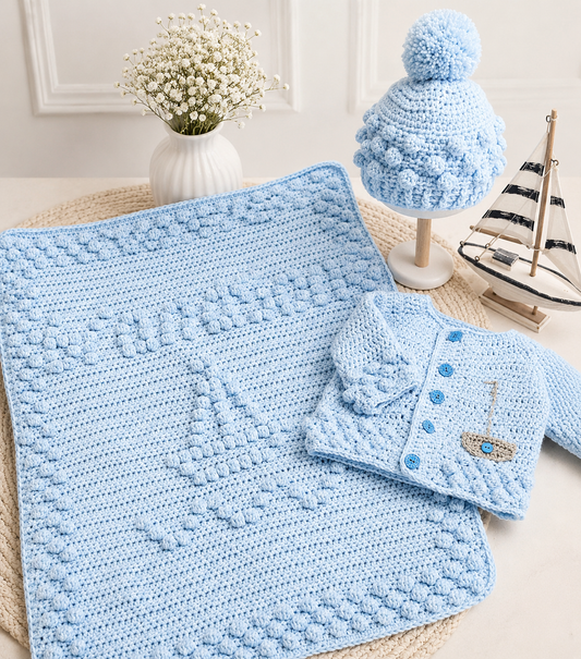 Gorgeous "Ship Ahoy" Bobble Baby Blanket with Matching Jacket and hat