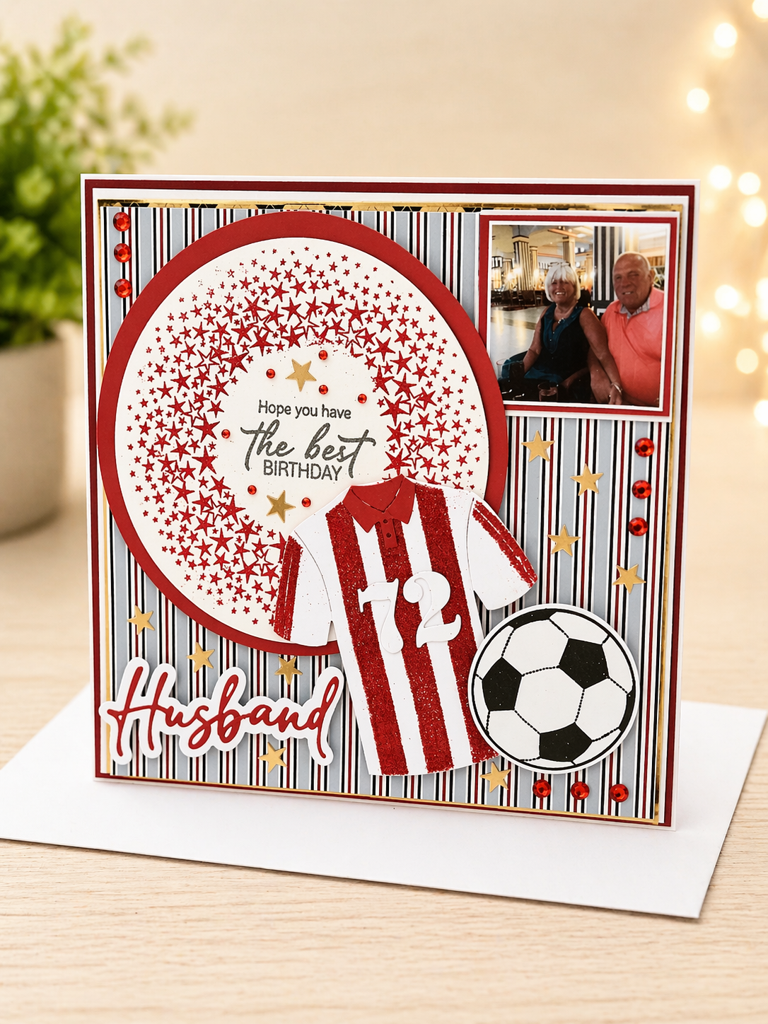Personalised 3D Luxury Boxed Birthday Card | Football Shirt Red Glitter Stars Photo Pocket | Any Relation | Handmade 8x8