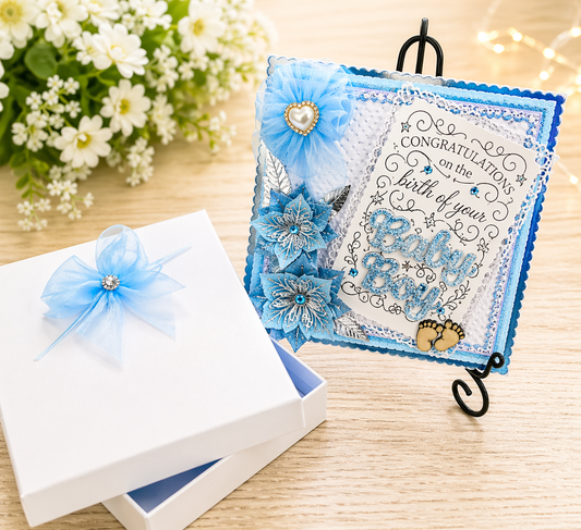 Luxury 3D Handmade Boxed New Baby Boy Card | Blue Glitter Poinsettias Organza Bow | Congratulations | 8x8