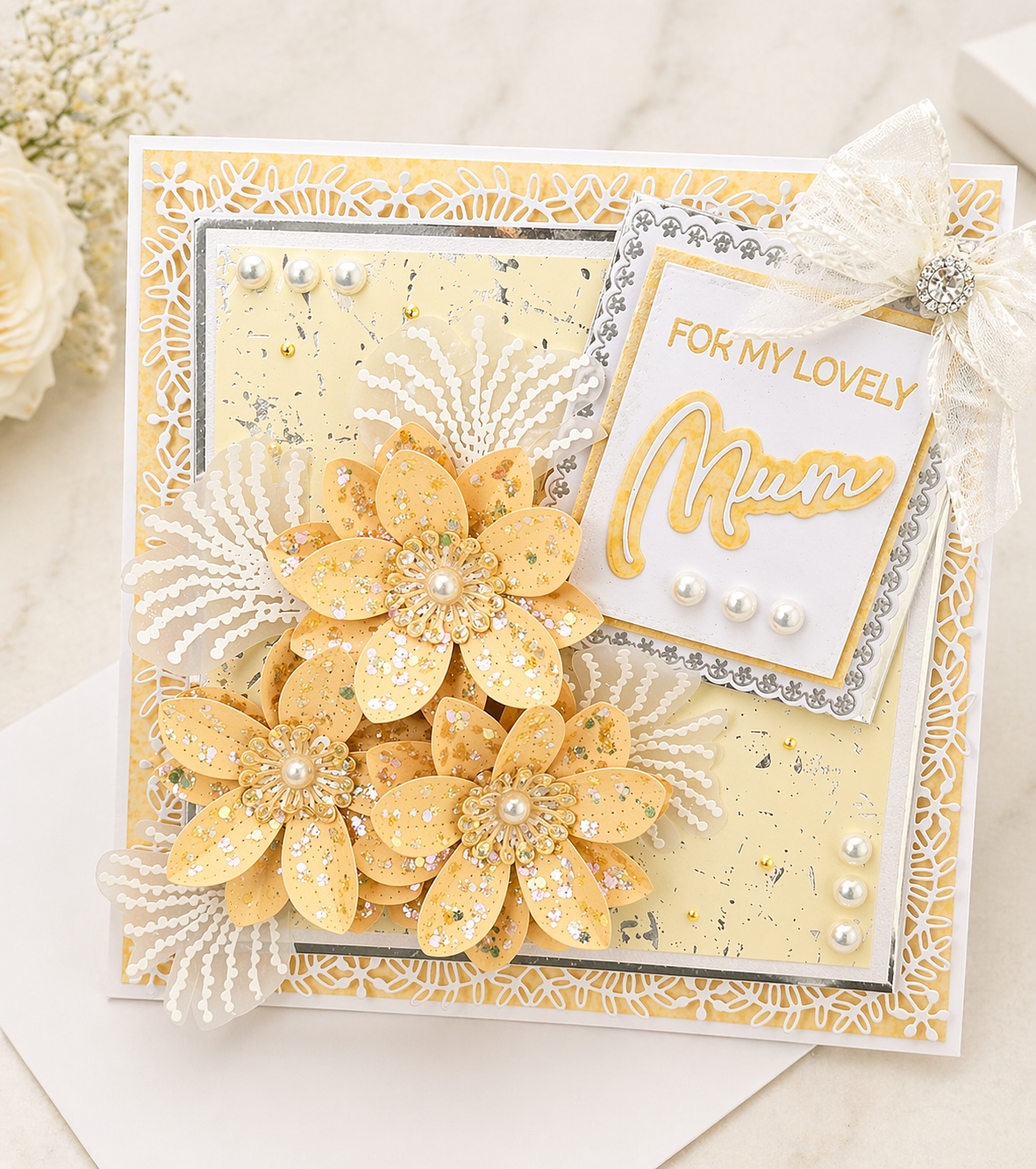 Luxury 3D Handmade Boxed Card | Gold Glitter Daisies White Lace | For My Lovely | Mum Daughter Sister | Any Relation | 8x8