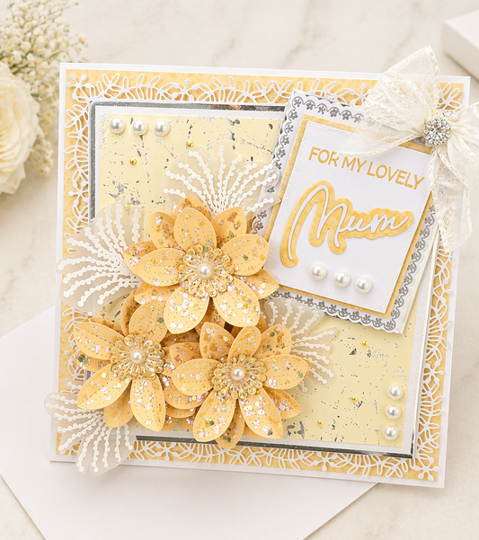 Luxury 3D Handmade Boxed Card | Gold Glitter Daisies White Lace | For My Lovely | Mum Daughter Sister | Any Relation | 8x8