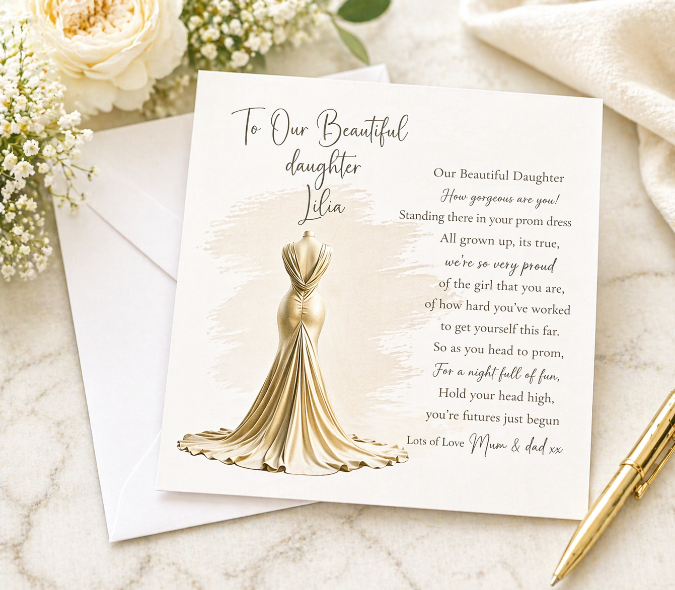 Personalised Prom Night Card for Daughter | Gold Fishtail Gown Poem | Any Name & Senders | 6x6
