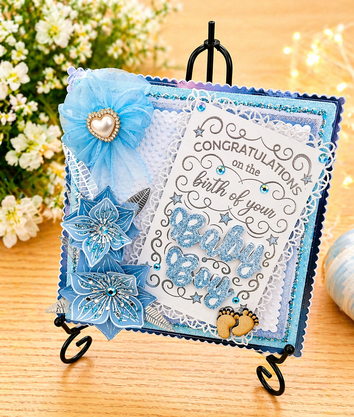 Luxury 3D Handmade Boxed New Baby Boy Card | Blue Glitter Poinsettias Organza Bow | Congratulations | 8x8