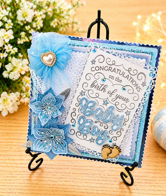 Luxury 3D Handmade Boxed New Baby Boy Card | Blue Glitter Poinsettias Organza Bow | Congratulations | 8x8