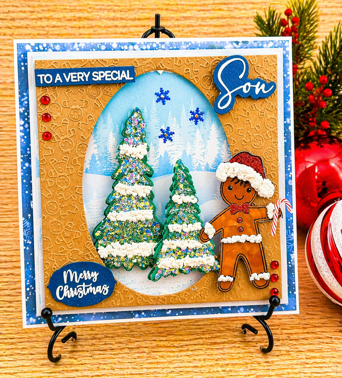 Personalised 3D Luxury Boxed Christmas Card | Gingerbread Boy Glitter Trees | Son Brother Grandson | Handmade 8x8