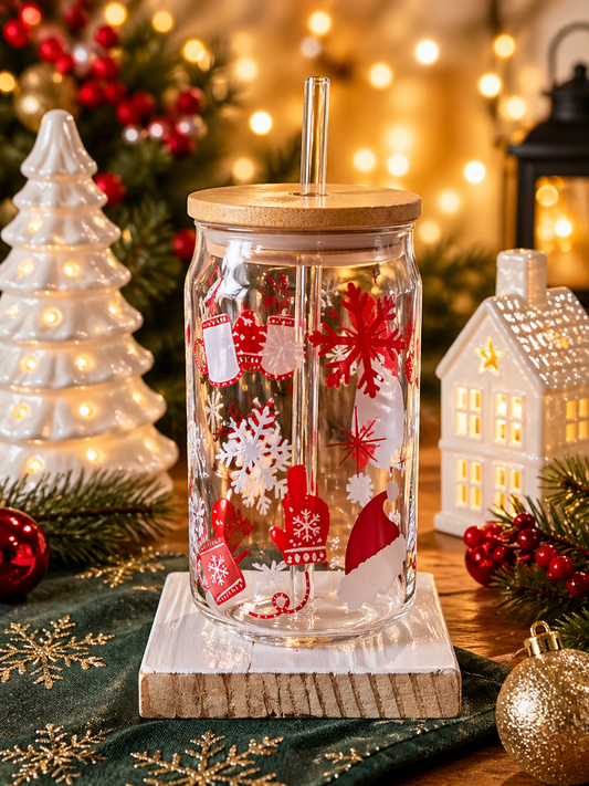 Christmas Themed 16oz Glass Tumbler With Glass Straw And Bamboo Lid.