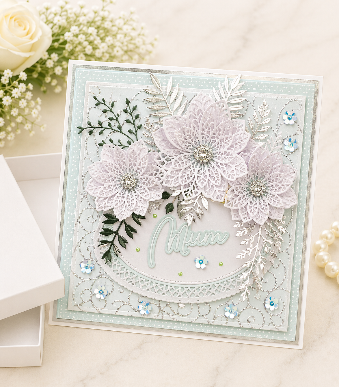 Luxury 3D Handmade Boxed Card | White Lace Poinsettias Silver Botanicals | Mum Daughter Sister | Any Relation | 8x8