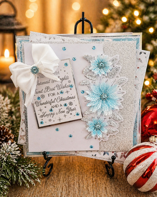 Personalised 3D Luxury Boxed Christmas Card | Ice Blue Poinsettias Silver Glitter | Any Relation | Handmade 8x8