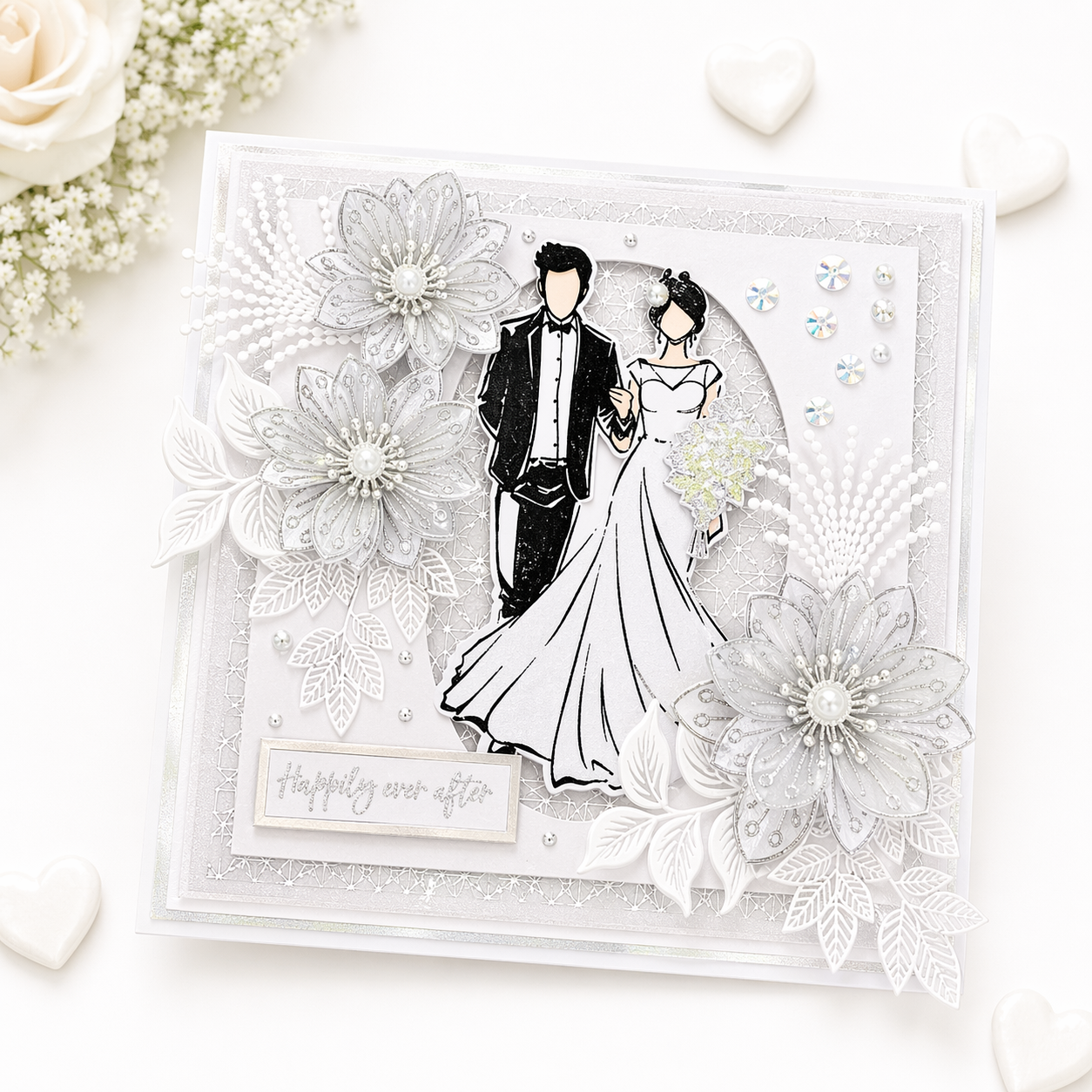 Luxury 3D Handmade Boxed Wedding Day Card | Bride & Groom Happily Ever After | Iridescent Flowers | 8x8