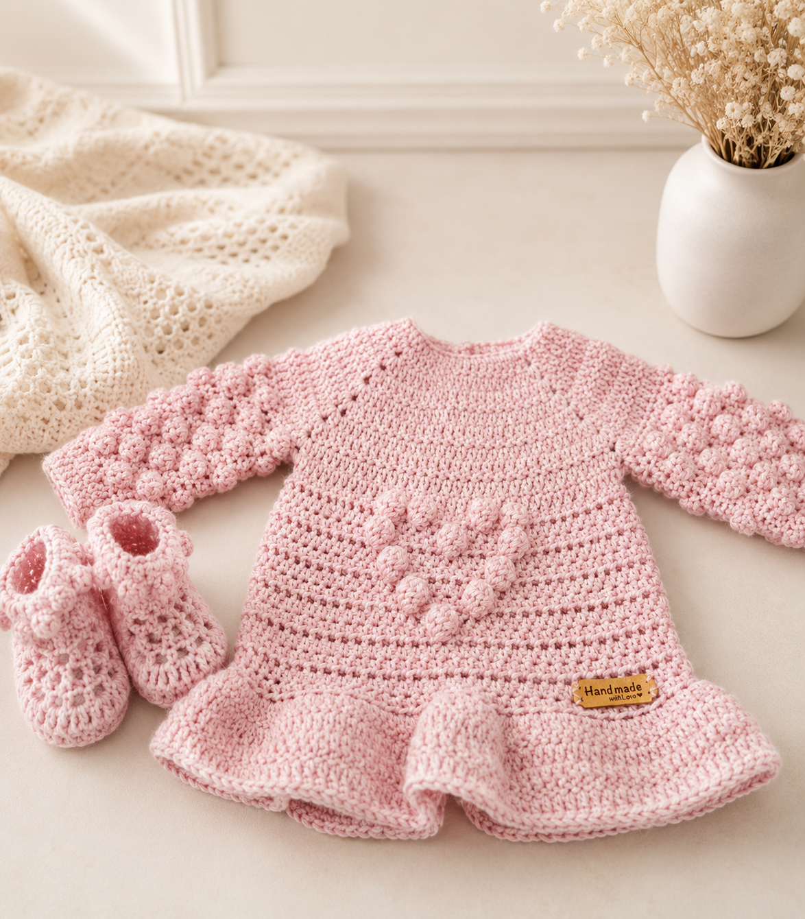 Handmade Crochet Heart Tunic with Booties and Hat