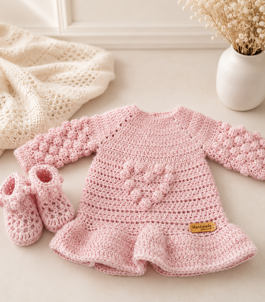 Handmade Crochet Heart Tunic with Booties and Hat