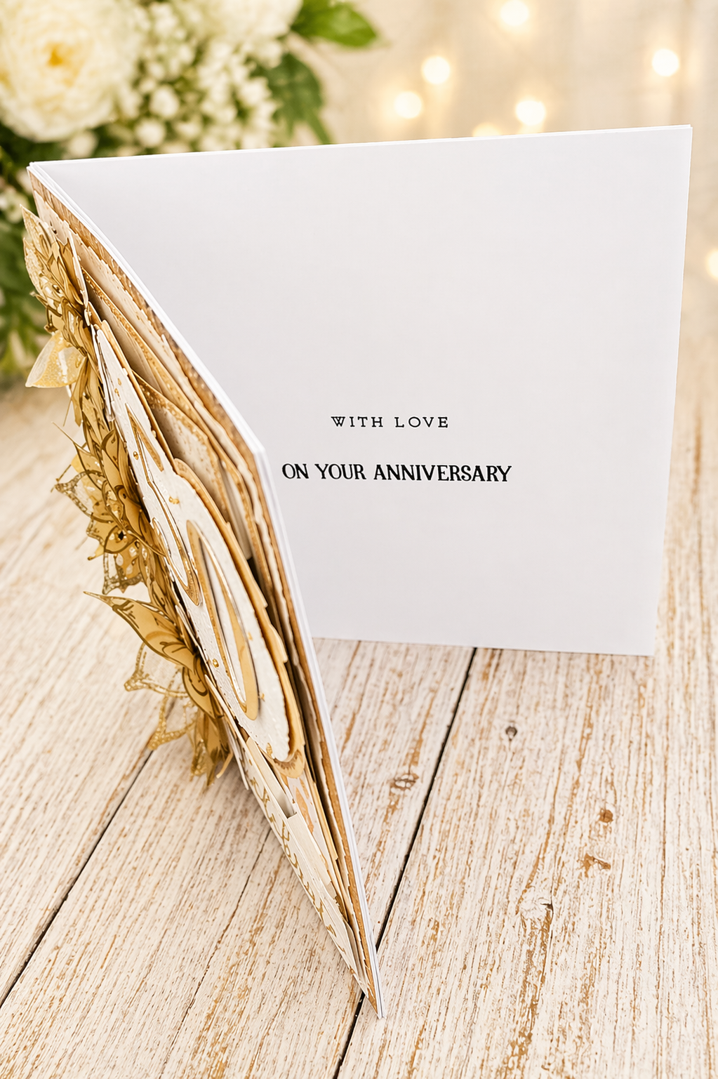 Luxury 3D Handmade Boxed Golden Wedding Anniversary Card | 50th | White Glitter Heart Gold Organza Flowers | 8x8