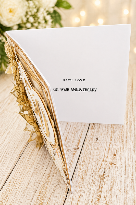 Luxury 3D Handmade Boxed Golden Wedding Anniversary Card | 50th | White Glitter Heart Gold Organza Flowers | 8x8