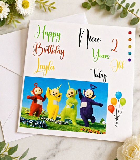 Personalized Teletubbies  Birthday Card Customised Name Age Relation