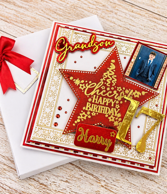 Personalised 3D Luxury Boxed Birthday Card | Red Gold Star Cheers Photo | Grandson Son Brother | Any Relation Age & Name | 8x8