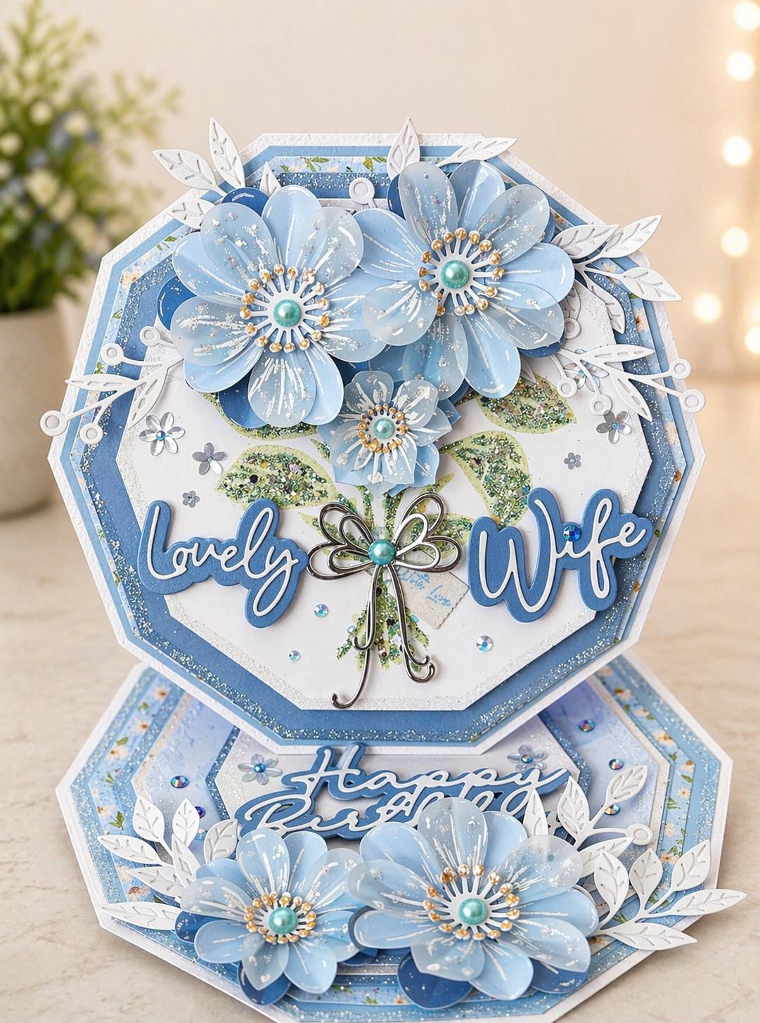 Personalised 3D Luxury Hexagon Easel Birthday Card | Blue Peony Blooms Dragonfly | Wife Mum Sister | Any Relation | 8x8