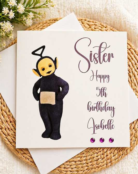 Personalized TINKY WINKY   Teletubbies  Birthday Card Customised, Name Relation