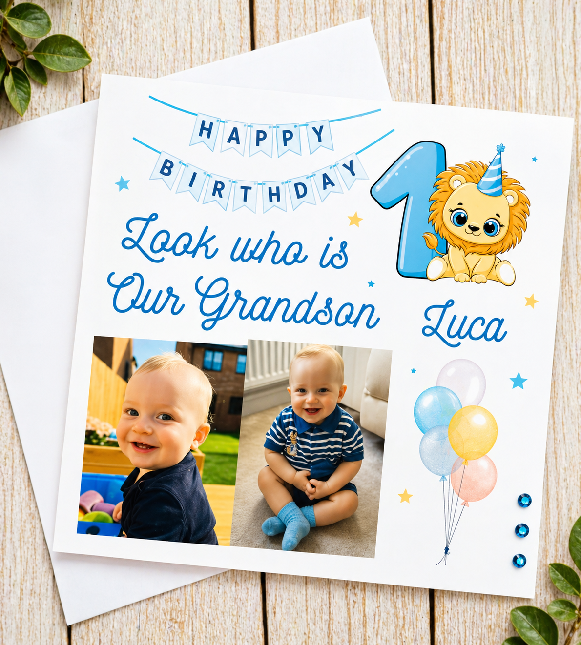 Personalised Photo Birthday Card | Two Photos | Any Name Age & Relation | Lion Cub Design