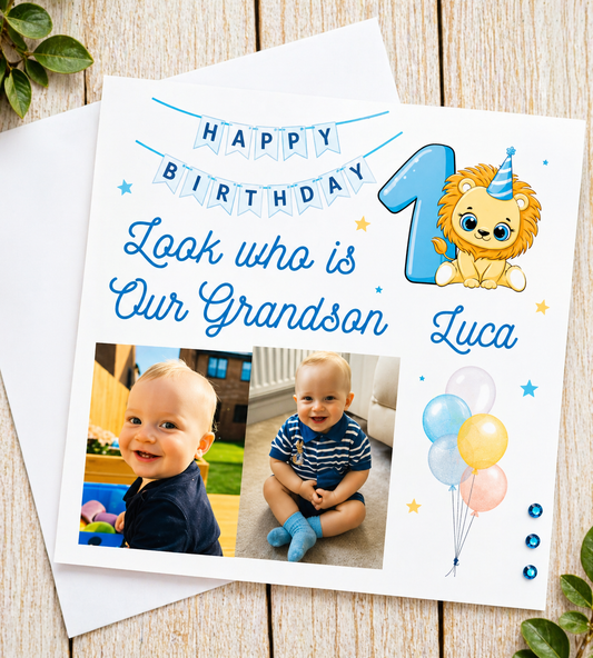 Personalised Photo Birthday Card | Two Photos | Any Name Age & Relation | Lion Cub Design