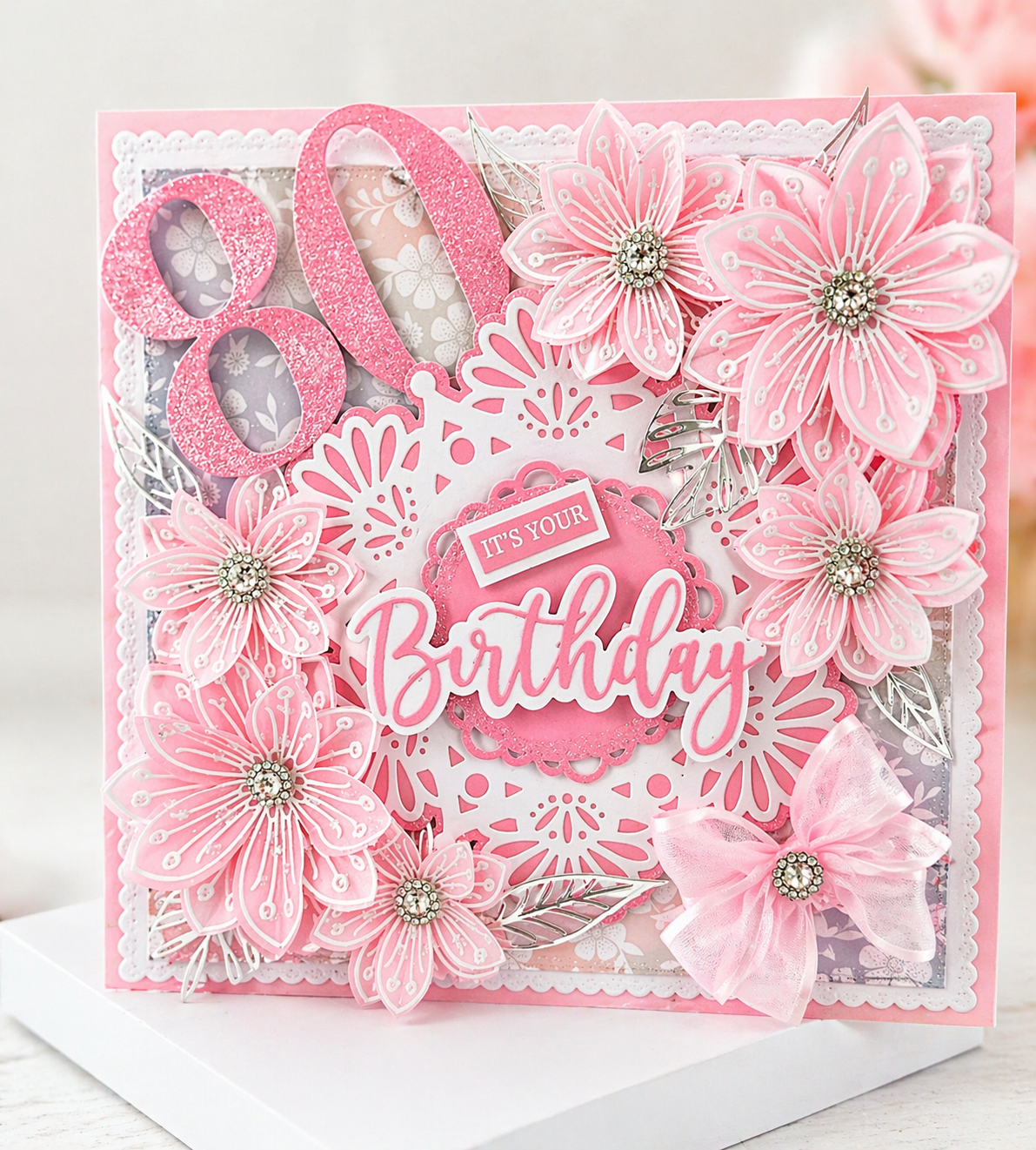 Luxury 3D Handmade Boxed Birthday Card | Pink Floral Blooms Silver Leaves | It's Your Birthday | Any Age | 8x8